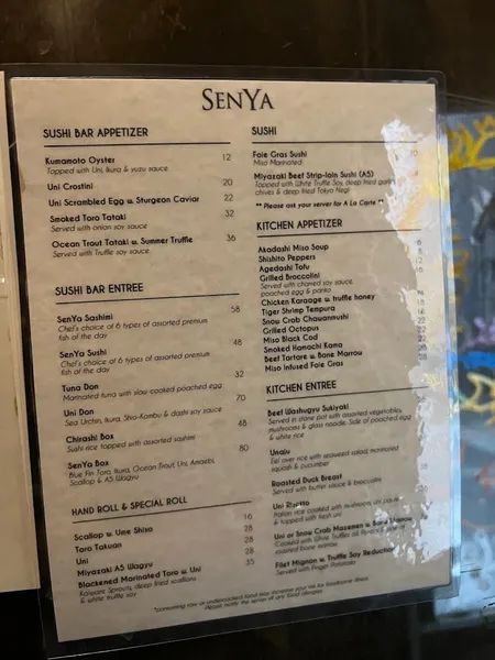 menu of SenYa