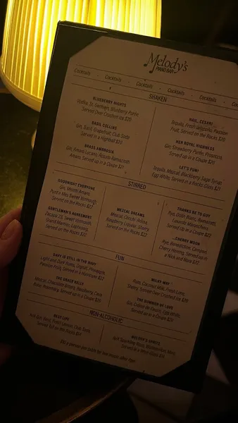 menu of Melody’s Piano Bar