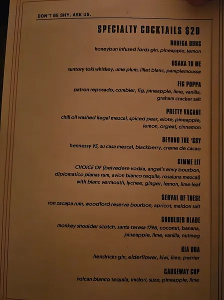 menu of Jac's on Bond