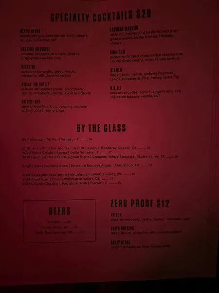 menu of Jac's on Bond