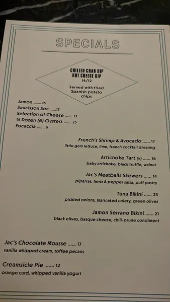 menu of Jac's on Bond