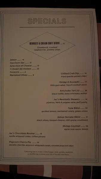 menu of Jac's on Bond