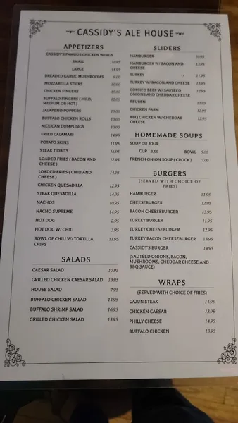 menu of Cassidy's Ale House