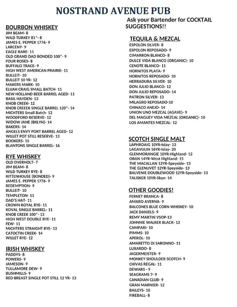 menu of Nostrand Avenue Pub