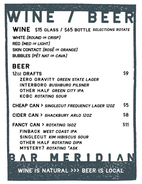 menu of Bar Meridian