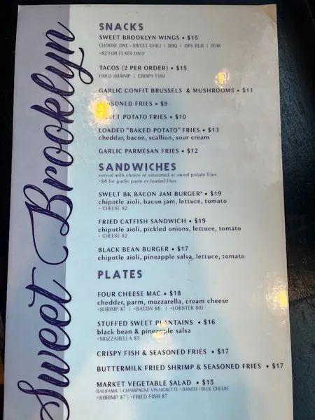 menu of Sweet Brooklyn Bar