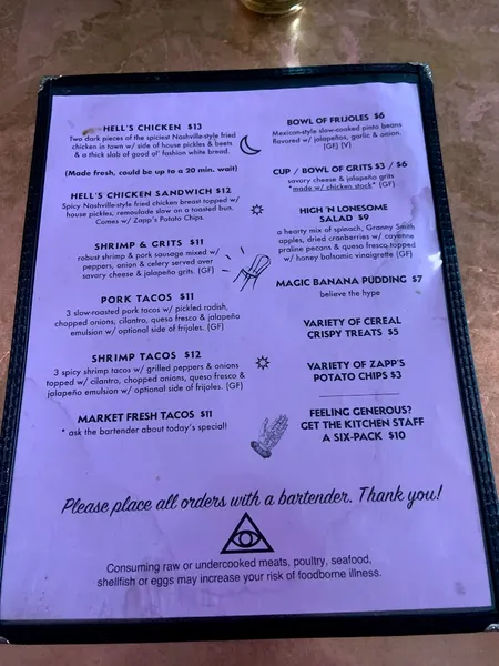 menu of The Spirit Room