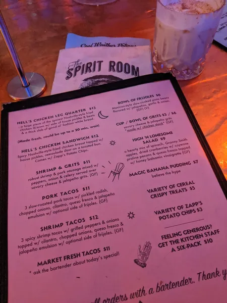 menu of The Spirit Room