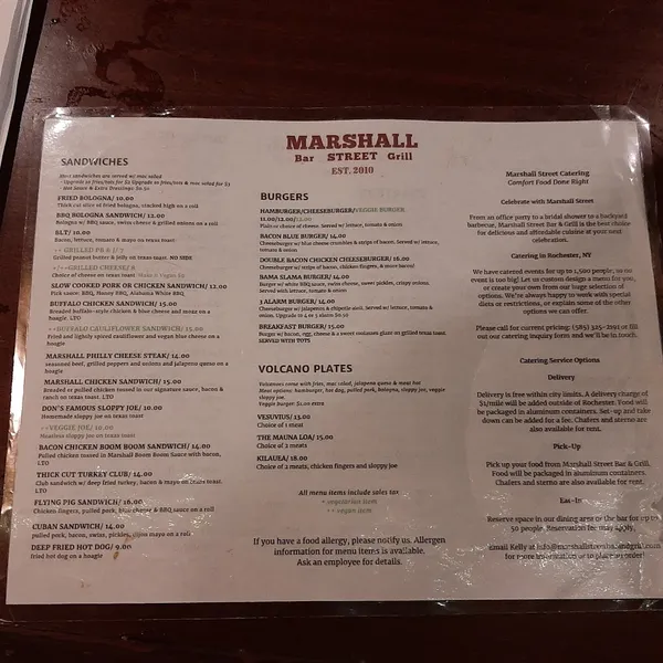 menu of Marshall Street Bar and Grill