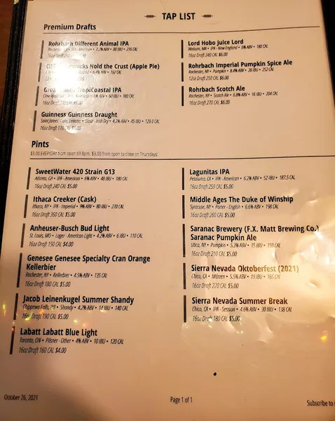 menu of Marshall Street Bar and Grill