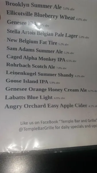 menu of Temple Bar & Grille