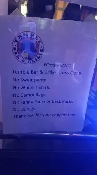 menu of Temple Bar & Grille