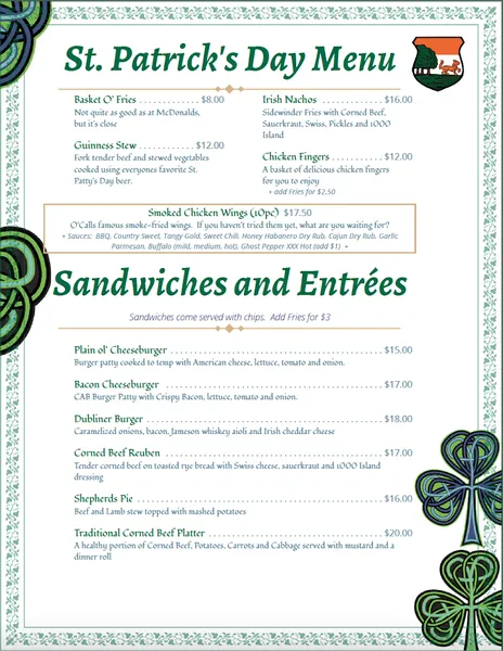 menu of O'Callaghan's Pub