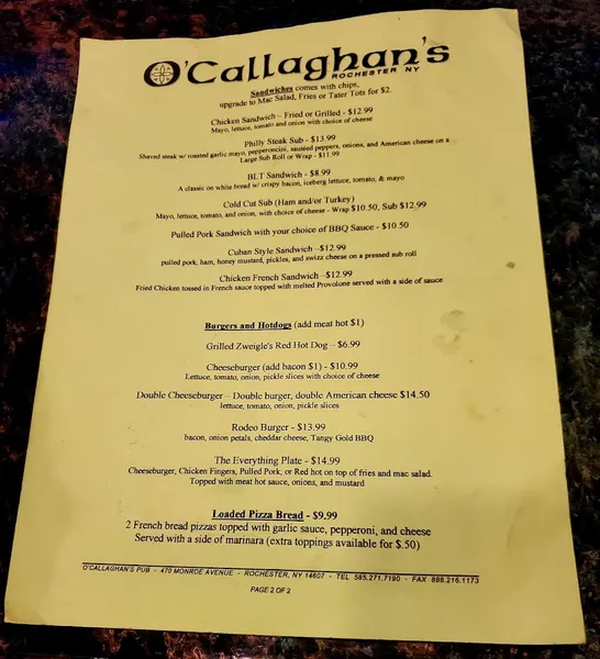 menu of O'Callaghan's Pub