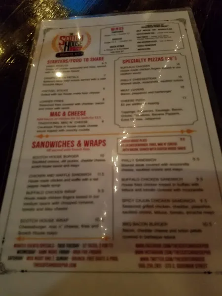 menu of The Scotch House Pub