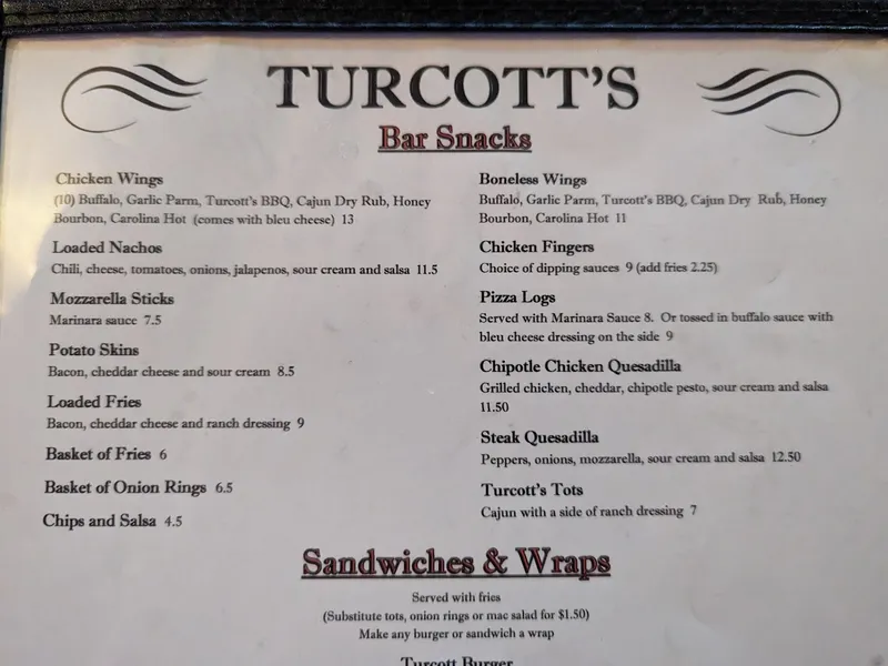 menu of Turcott's Taproom