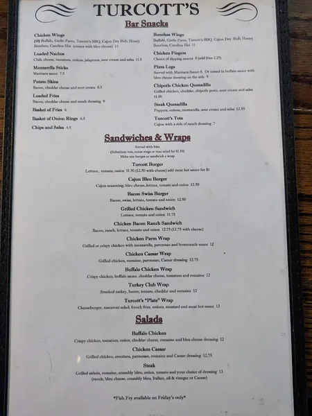 menu of Turcott's Taproom