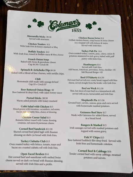 menu of Coleman's Authentic Irish Pub