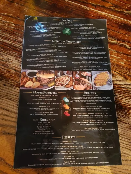 menu of Coleman's Authentic Irish Pub