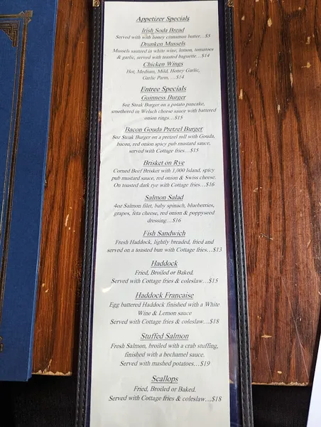 menu of Coleman's Authentic Irish Pub