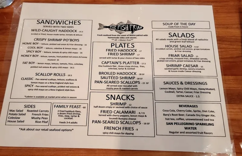 menu of The Fish Friar