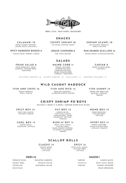 menu of The Fish Friar