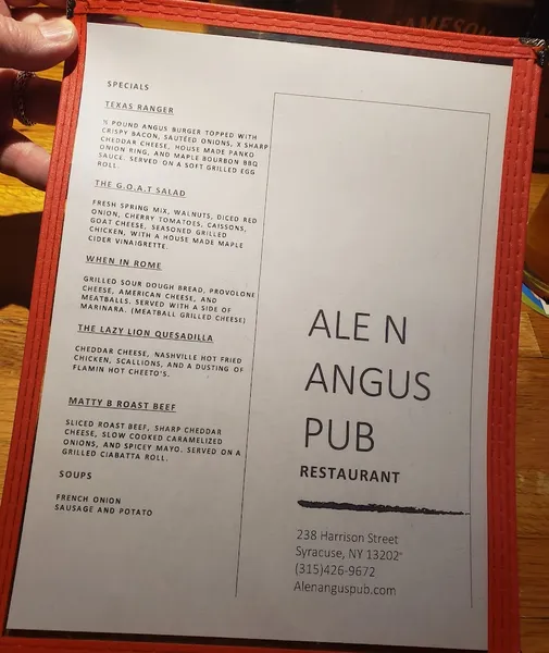 menu of Ale 'n' Angus Pub