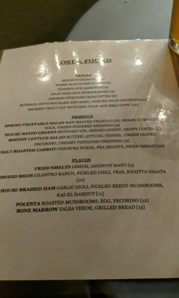 menu of Lost & Found Bar & Kitchen