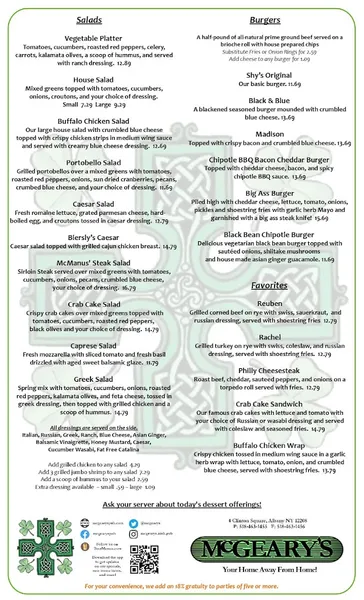 menu of McGeary's