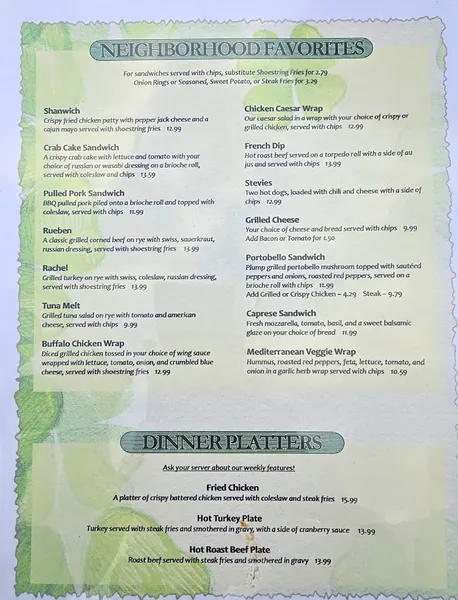 menu of McGeary's