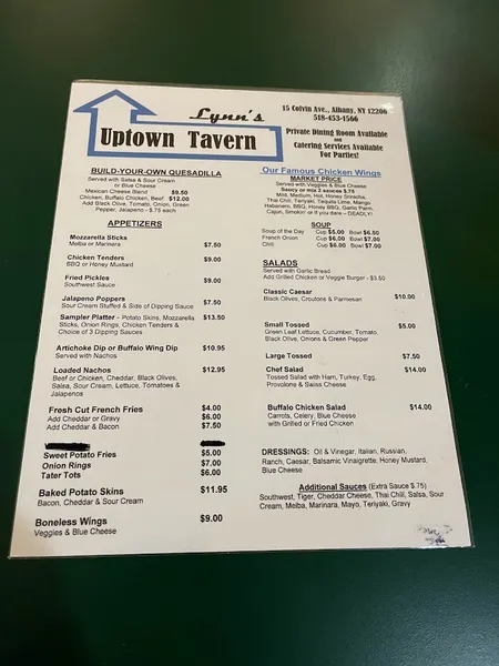 menu of Lynn's Uptown Tavern