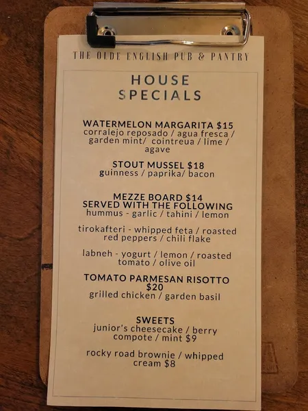 menu of The Olde English Pub and Pantry