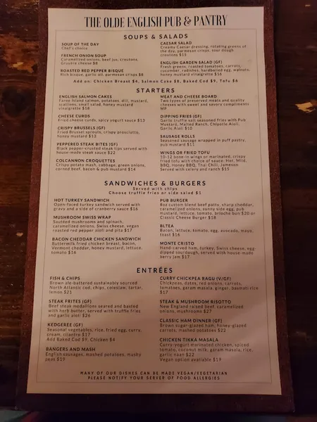 menu of The Olde English Pub and Pantry