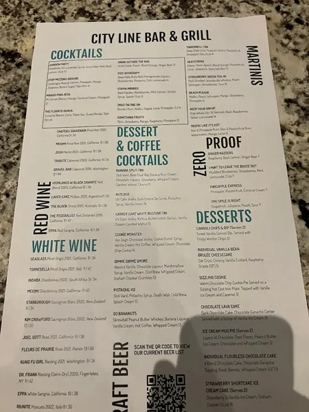 menu of City Line Bar and Grill