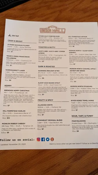 menu of The City Beer Hall