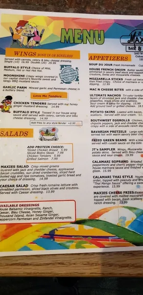 menu of J T Maxies