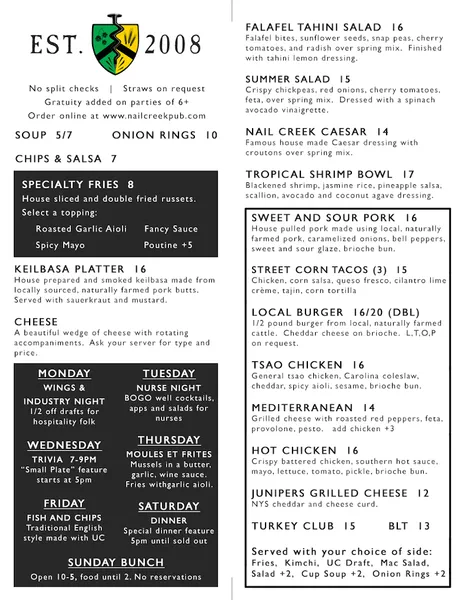 menu of Nail Creek Pub & Brewery