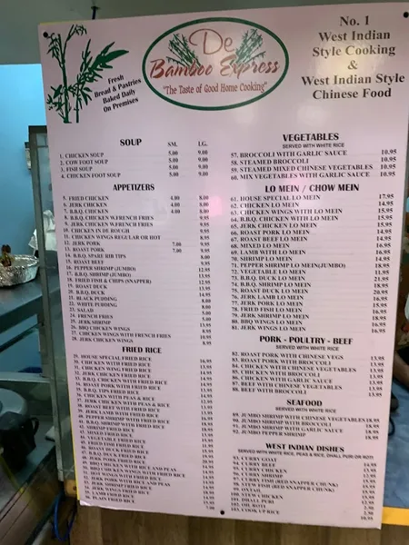 menu of De Bamboo Express