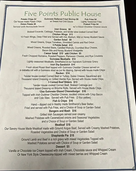 menu of Five Points Public House and Events Center