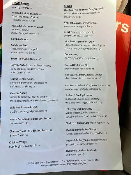 menu of Saints & Scholars