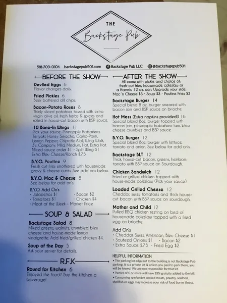 menu of Backstage Pub