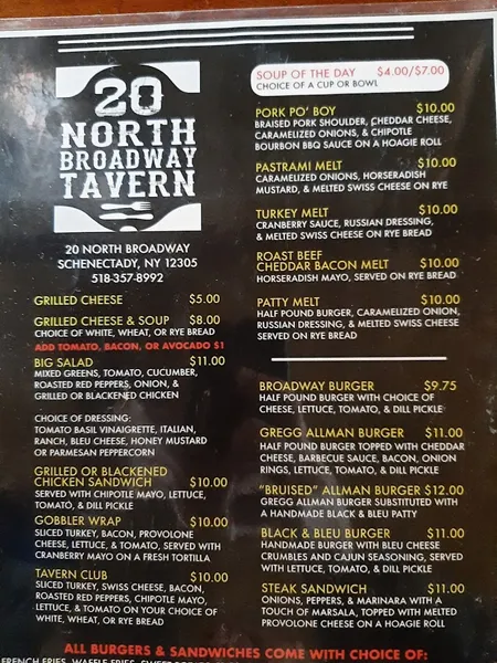 menu of 20 North Broadway Tavern