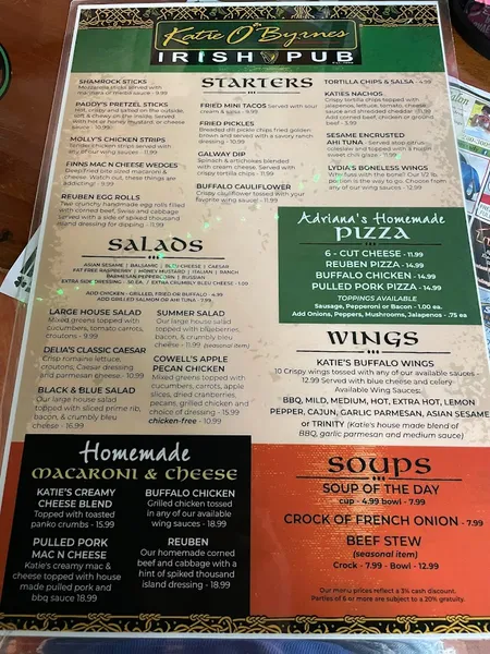 menu of Katie O'Byrnes Restaurant