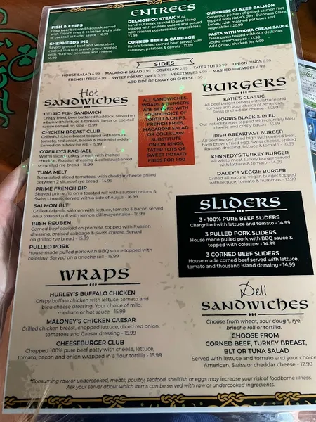 menu of Katie O'Byrnes Restaurant