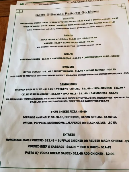 menu of Katie O'Byrnes Restaurant