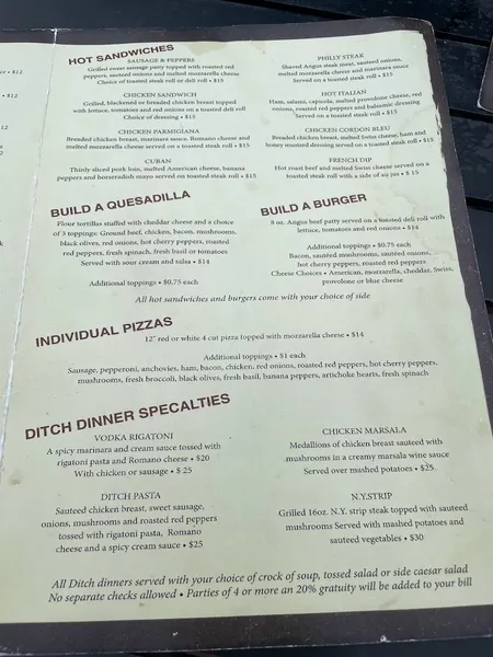 menu of Clinton’s Ditch bar and grill