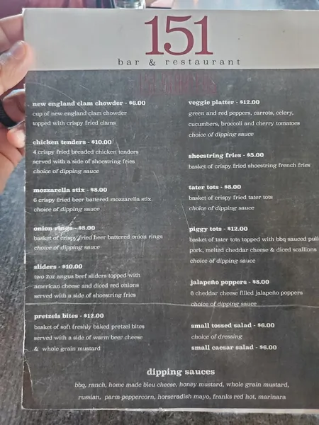 menu of 151 Bar and Restaurant