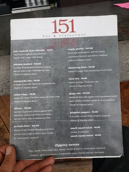 menu of 151 Bar and Restaurant