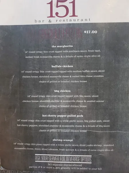 menu of 151 Bar and Restaurant