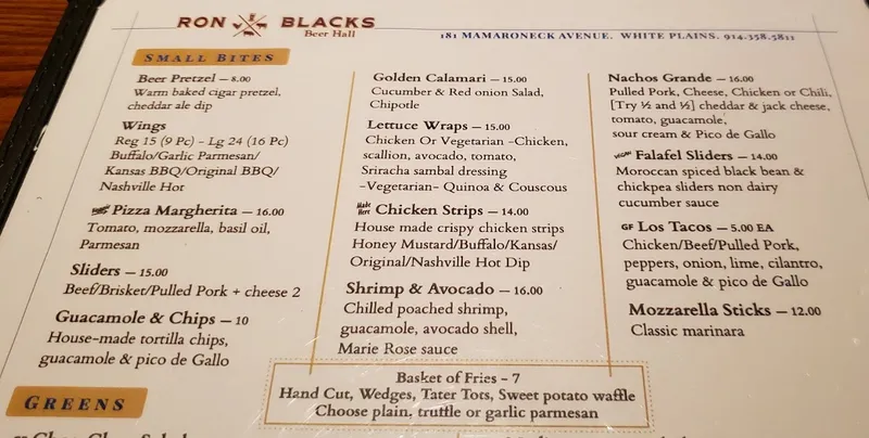 menu of Ron Blacks Beer Hall